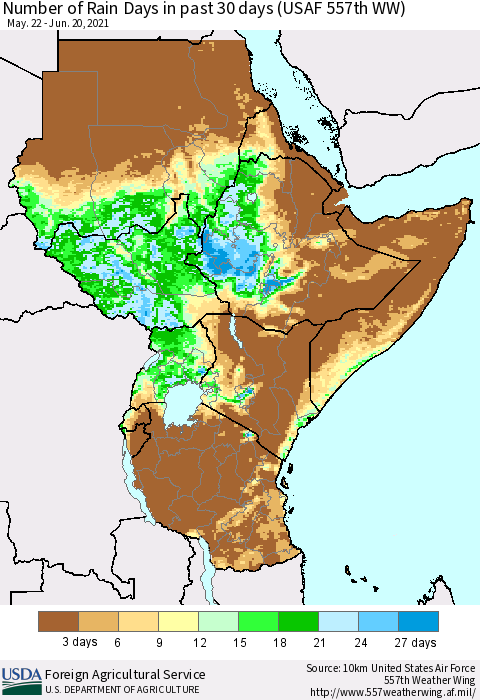 Eastern Africa Number of Rain Days in past 30 days (USAF 557th WW) 06/20/2021 Thematic Map For 6/14/2021 - 6/20/2021