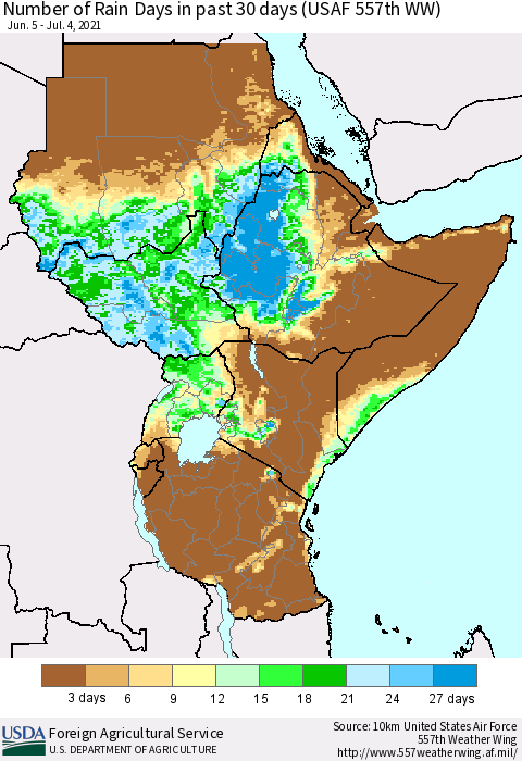 Eastern Africa Number of Rain Days in past 30 days (USAF 557th WW) 07/04/2021 Thematic Map For 6/28/2021 - 7/4/2021