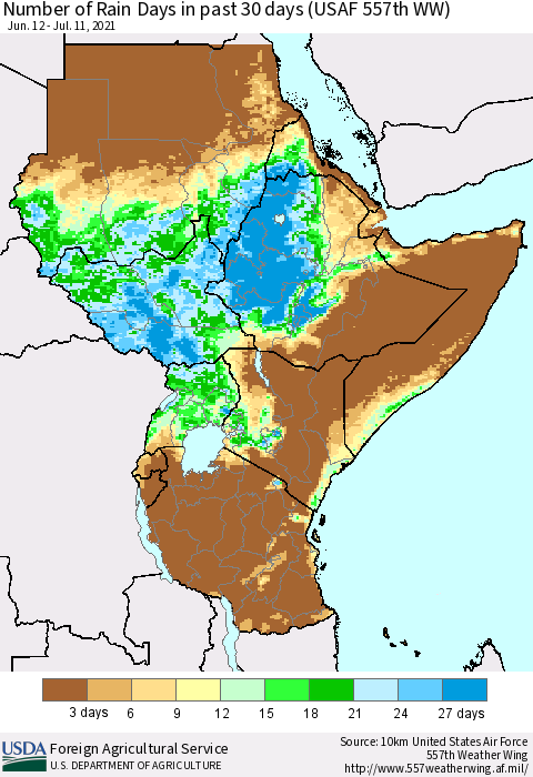 Eastern Africa Number of Rain Days in past 30 days (USAF 557th WW) 07/11/2021 Thematic Map For 7/5/2021 - 7/11/2021