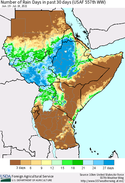 Eastern Africa Number of Rain Days in past 30 days (USAF 557th WW) 07/18/2021 Thematic Map For 7/12/2021 - 7/18/2021