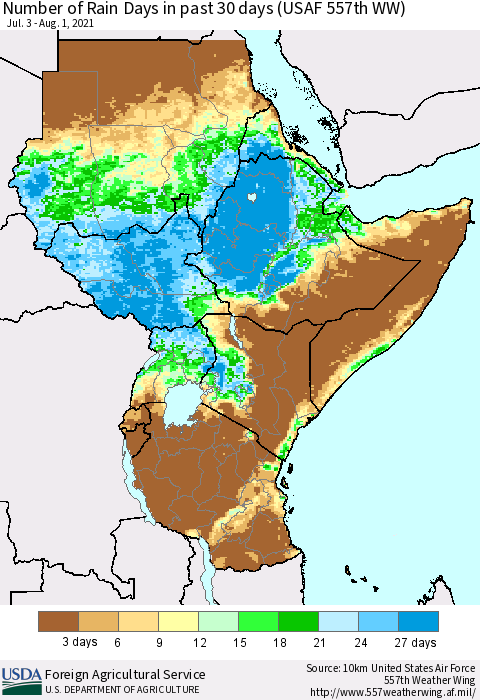 Eastern Africa Number of Rain Days in past 30 days (USAF 557th WW) 08/01/2021 Thematic Map For 7/26/2021 - 8/1/2021