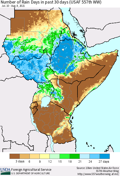 Eastern Africa Number of Rain Days in past 30 days (USAF 557th WW) 08/08/2021 Thematic Map For 8/2/2021 - 8/8/2021