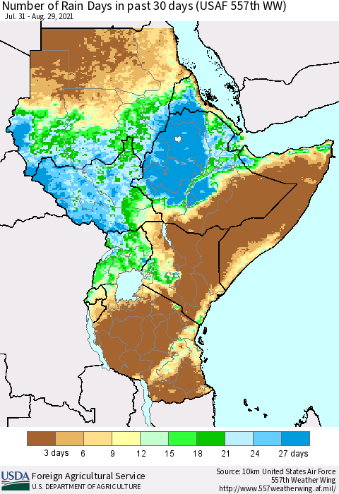 Eastern Africa Number of Rain Days in past 30 days (USAF 557th WW) 08/29/2021 Thematic Map For 8/23/2021 - 8/29/2021