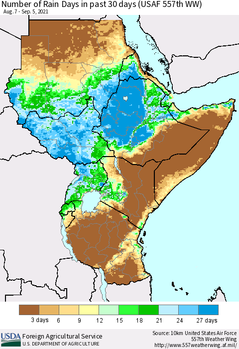 Eastern Africa Number of Rain Days in past 30 days (USAF 557th WW) 09/05/2021 Thematic Map For 8/30/2021 - 9/5/2021