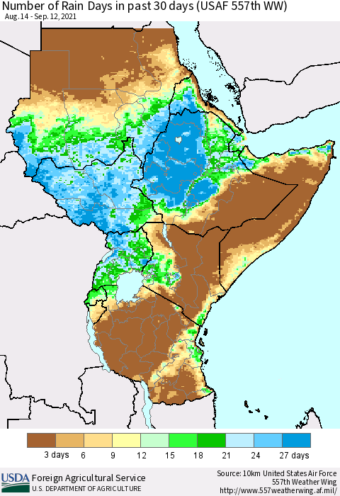 Eastern Africa Number of Rain Days in past 30 days (USAF 557th WW) 09/12/2021 Thematic Map For 9/6/2021 - 9/12/2021