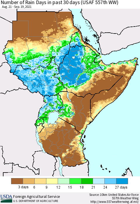 Eastern Africa Number of Rain Days in past 30 days (USAF 557th WW) 09/19/2021 Thematic Map For 9/13/2021 - 9/19/2021