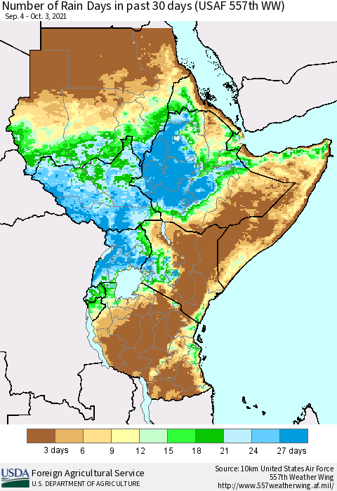 Eastern Africa Number of Rain Days in past 30 days (USAF 557th WW) 10/03/2021 Thematic Map For 9/27/2021 - 10/3/2021