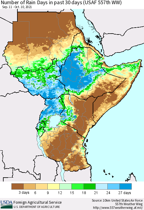 Eastern Africa Number of Rain Days in past 30 days (USAF 557th WW) 10/10/2021 Thematic Map For 10/4/2021 - 10/10/2021