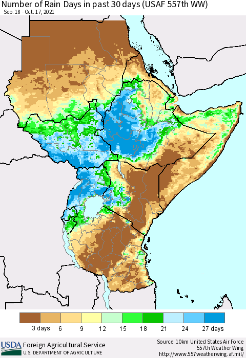 Eastern Africa Number of Rain Days in past 30 days (USAF 557th WW) 10/17/2021 Thematic Map For 10/11/2021 - 10/17/2021
