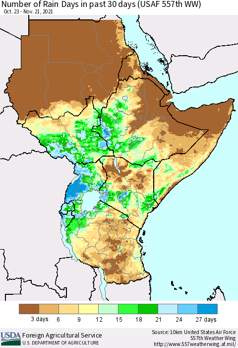 Eastern Africa Number of Rain Days in past 30 days (USAF 557th WW) 11/21/2021 Thematic Map For 11/15/2021 - 11/21/2021