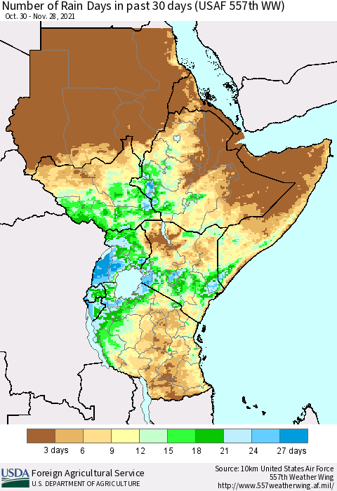 Eastern Africa Number of Rain Days in past 30 days (USAF 557th WW) 11/28/2021 Thematic Map For 11/22/2021 - 11/28/2021