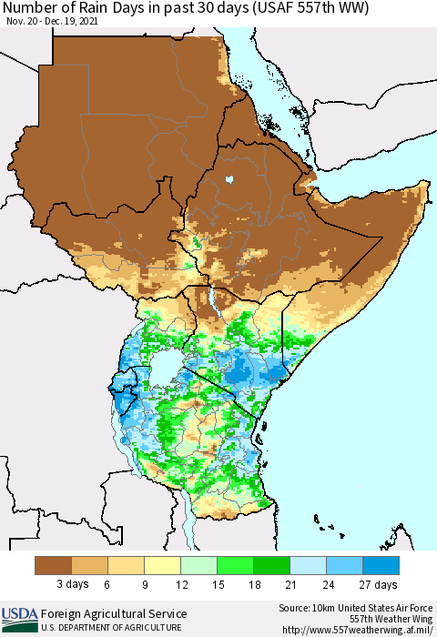 Eastern Africa Number of Rain Days in past 30 days (USAF 557th WW) 12/19/2021 Thematic Map For 12/13/2021 - 12/19/2021