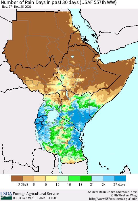 Eastern Africa Number of Rain Days in past 30 days (USAF 557th WW) 12/26/2021 Thematic Map For 12/20/2021 - 12/26/2021