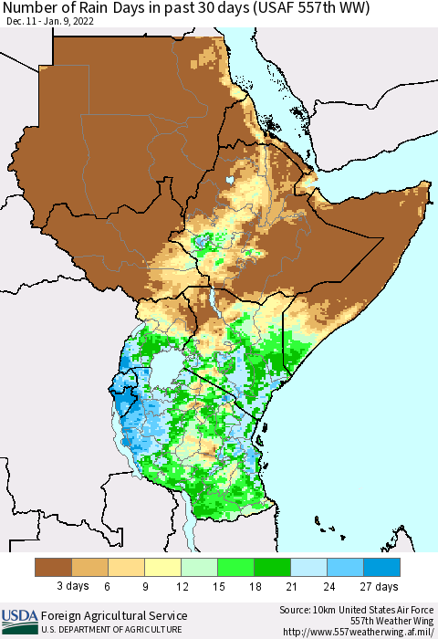 Eastern Africa Number of Rain Days in past 30 days (USAF 557th WW) 01/09/2022 Thematic Map For 1/3/2022 - 1/9/2022