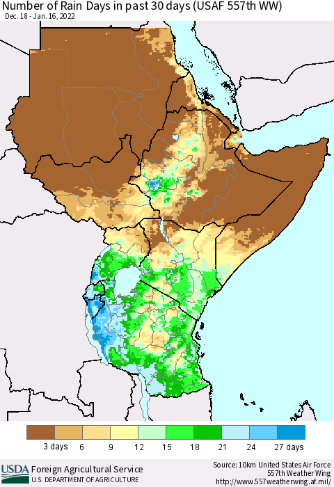Eastern Africa Number of Rain Days in past 30 days (USAF 557th WW) 01/16/2022 Thematic Map For 1/10/2022 - 1/16/2022