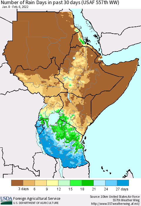 Eastern Africa Number of Rain Days in past 30 days (USAF 557th WW) 02/06/2022 Thematic Map For 1/31/2022 - 2/6/2022