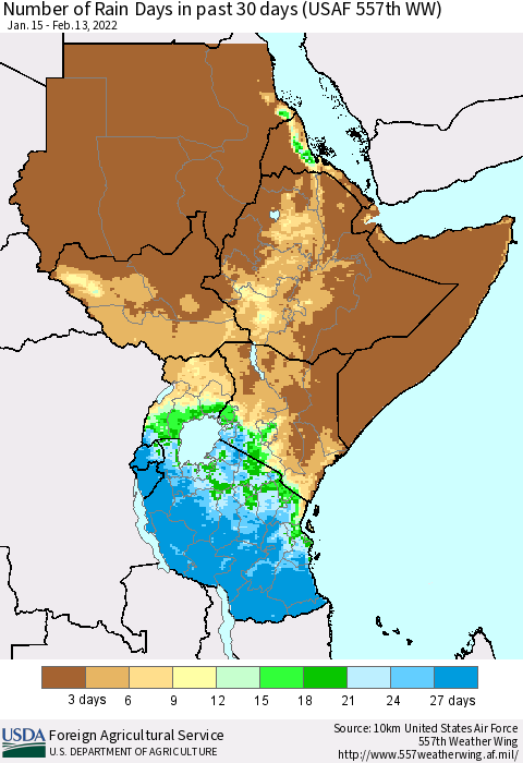 Eastern Africa Number of Rain Days in past 30 days (USAF 557th WW) 02/13/2022 Thematic Map For 2/7/2022 - 2/13/2022