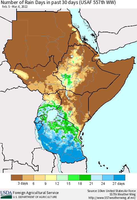 Eastern Africa Number of Rain Days in past 30 days (USAF 557th WW) 03/06/2022 Thematic Map For 2/28/2022 - 3/6/2022