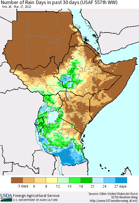 Eastern Africa Number of Rain Days in past 30 days (USAF 557th WW) 03/27/2022 Thematic Map For 3/21/2022 - 3/27/2022