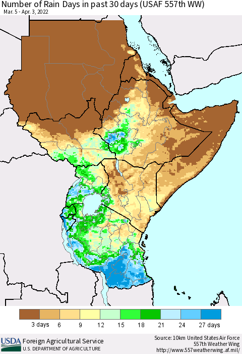 Eastern Africa Number of Rain Days in past 30 days (USAF 557th WW) 04/03/2022 Thematic Map For 3/28/2022 - 4/3/2022