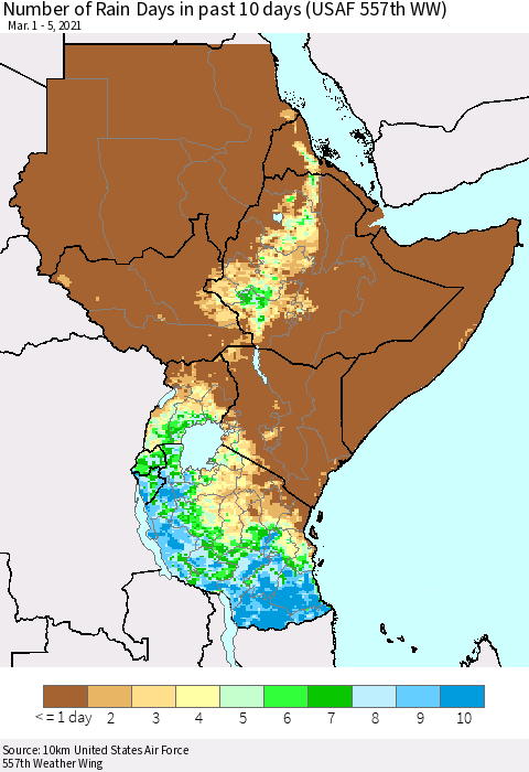 Eastern Africa Number of Rain Days in past 10 days (USAF 557th WW) Thematic Map For 3/1/2021 - 3/5/2021