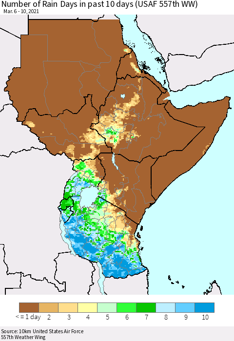 Eastern Africa Number of Rain Days in past 10 days (USAF 557th WW) Thematic Map For 3/6/2021 - 3/10/2021
