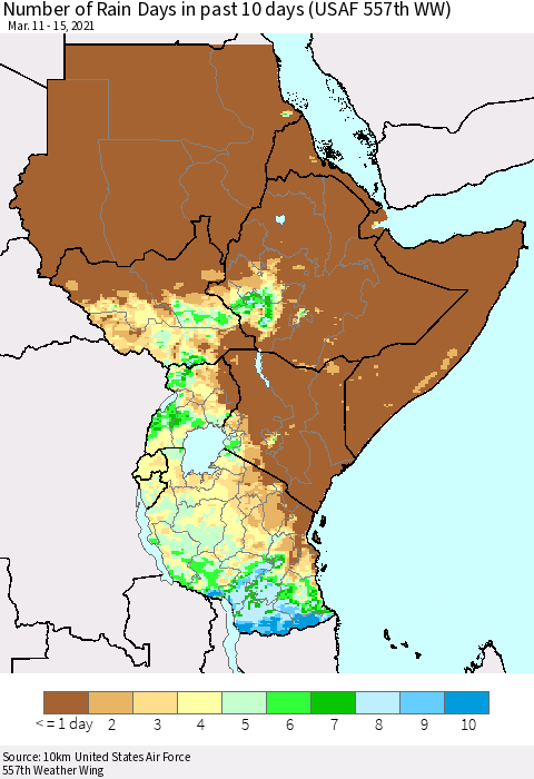 Eastern Africa Number of Rain Days in past 10 days (USAF 557th WW) Thematic Map For 3/11/2021 - 3/15/2021