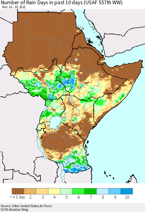 Eastern Africa Number of Rain Days in past 10 days (USAF 557th WW) Thematic Map For 3/16/2021 - 3/20/2021