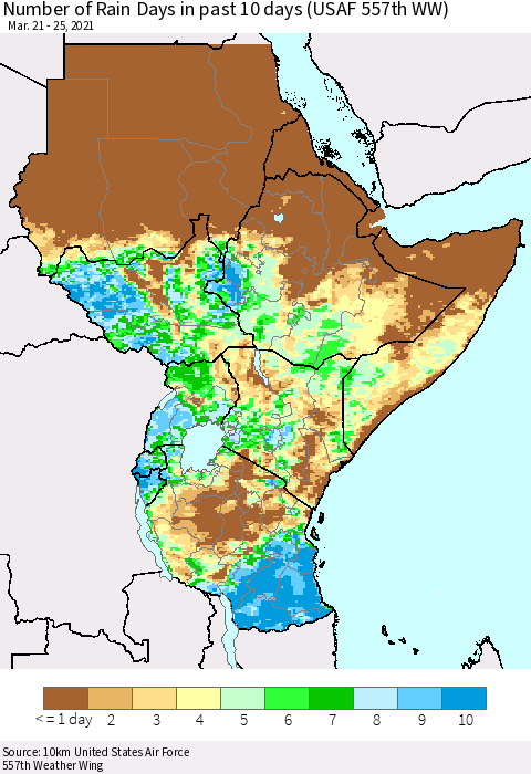 Eastern Africa Number of Rain Days in past 10 days (USAF 557th WW) Thematic Map For 3/21/2021 - 3/25/2021