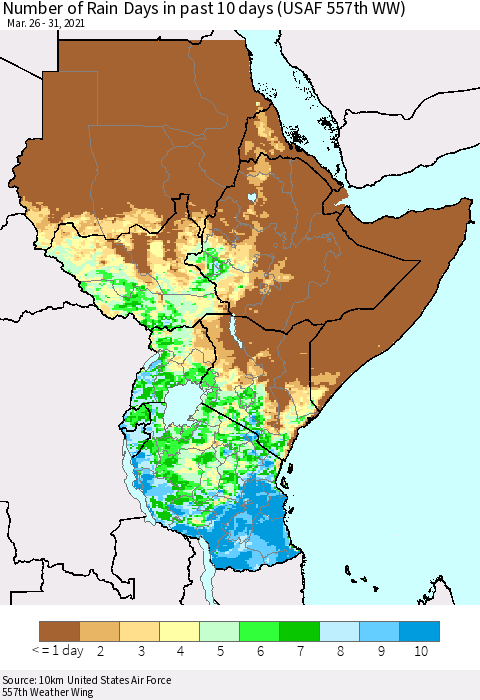 Eastern Africa Number of Rain Days in past 10 days (USAF 557th WW) Thematic Map For 3/26/2021 - 3/31/2021