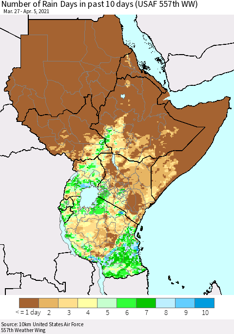 Eastern Africa Number of Rain Days in past 10 days (USAF 557th WW) Thematic Map For 4/1/2021 - 4/5/2021