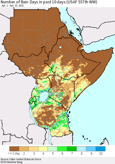 Eastern Africa Number of Rain Days in past 10 days (USAF 557th WW) Thematic Map For 4/6/2021 - 4/10/2021