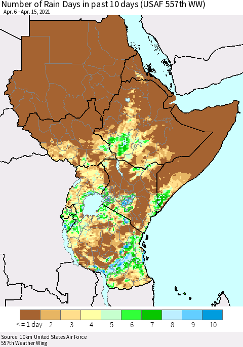 Eastern Africa Number of Rain Days in past 10 days (USAF 557th WW) Thematic Map For 4/11/2021 - 4/15/2021