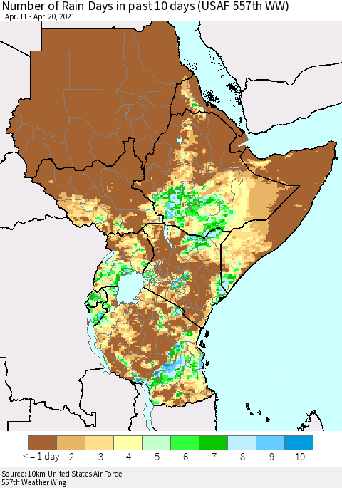 Eastern Africa Number of Rain Days in past 10 days (USAF 557th WW) Thematic Map For 4/16/2021 - 4/20/2021