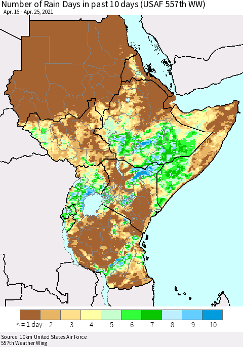 Eastern Africa Number of Rain Days in past 10 days (USAF 557th WW) Thematic Map For 4/21/2021 - 4/25/2021