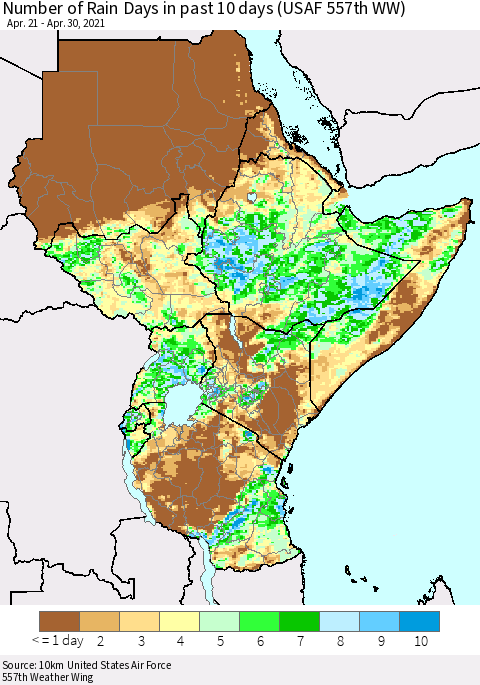 Eastern Africa Number of Rain Days in past 10 days (USAF 557th WW) Thematic Map For 4/26/2021 - 4/30/2021