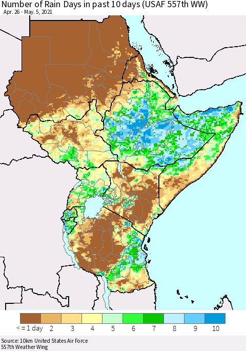 Eastern Africa Number of Rain Days in past 10 days (USAF 557th WW) Thematic Map For 5/1/2021 - 5/5/2021