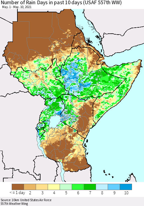 Eastern Africa Number of Rain Days in past 10 days (USAF 557th WW) Thematic Map For 5/6/2021 - 5/10/2021