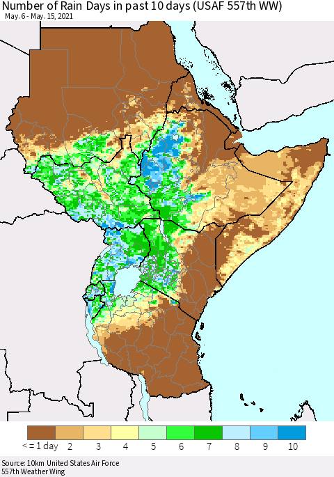 Eastern Africa Number of Rain Days in past 10 days (USAF 557th WW) Thematic Map For 5/11/2021 - 5/15/2021
