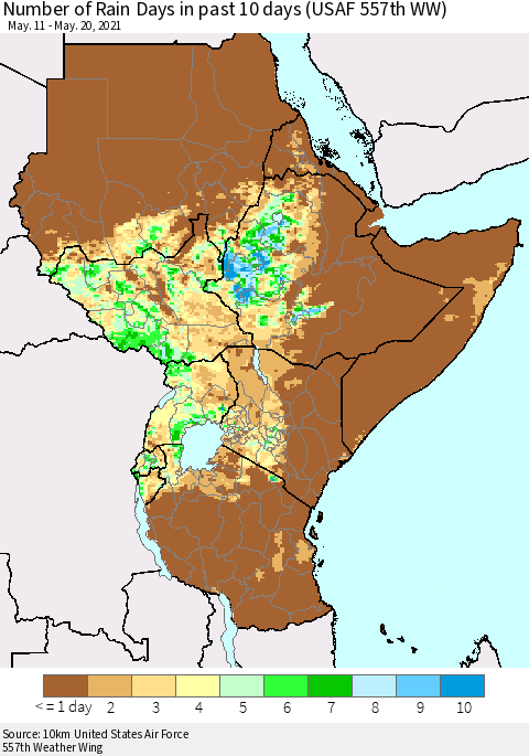 Eastern Africa Number of Rain Days in past 10 days (USAF 557th WW) Thematic Map For 5/16/2021 - 5/20/2021
