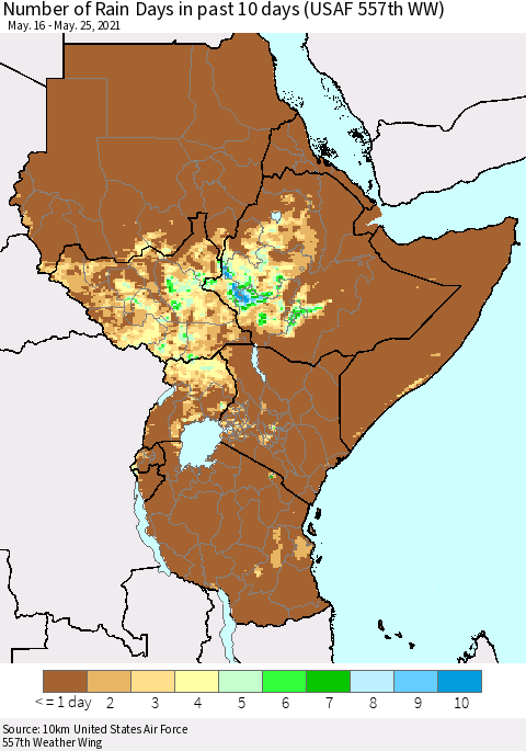 Eastern Africa Number of Rain Days in past 10 days (USAF 557th WW) Thematic Map For 5/21/2021 - 5/25/2021