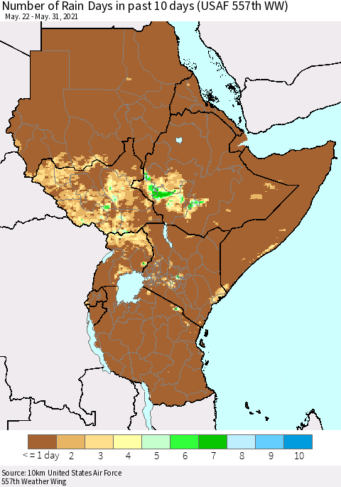 Eastern Africa Number of Rain Days in past 10 days (USAF 557th WW) Thematic Map For 5/26/2021 - 5/31/2021