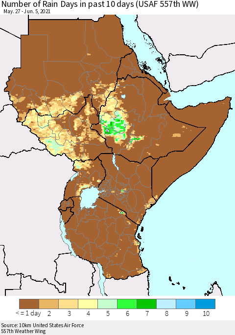 Eastern Africa Number of Rain Days in past 10 days (USAF 557th WW) Thematic Map For 6/1/2021 - 6/5/2021