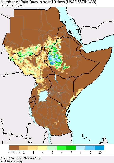 Eastern Africa Number of Rain Days in past 10 days (USAF 557th WW) Thematic Map For 6/6/2021 - 6/10/2021
