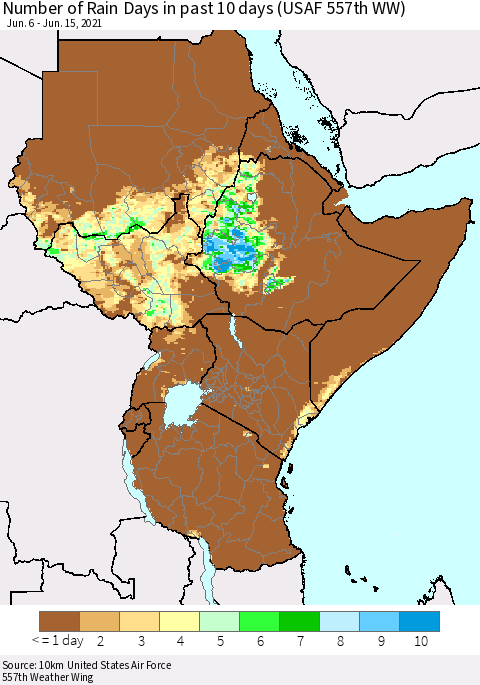 Eastern Africa Number of Rain Days in past 10 days (USAF 557th WW) Thematic Map For 6/11/2021 - 6/15/2021