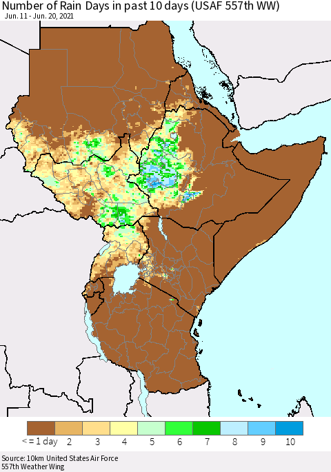 Eastern Africa Number of Rain Days in past 10 days (USAF 557th WW) Thematic Map For 6/16/2021 - 6/20/2021