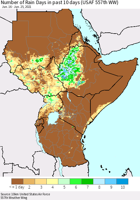 Eastern Africa Number of Rain Days in past 10 days (USAF 557th WW) Thematic Map For 6/21/2021 - 6/25/2021
