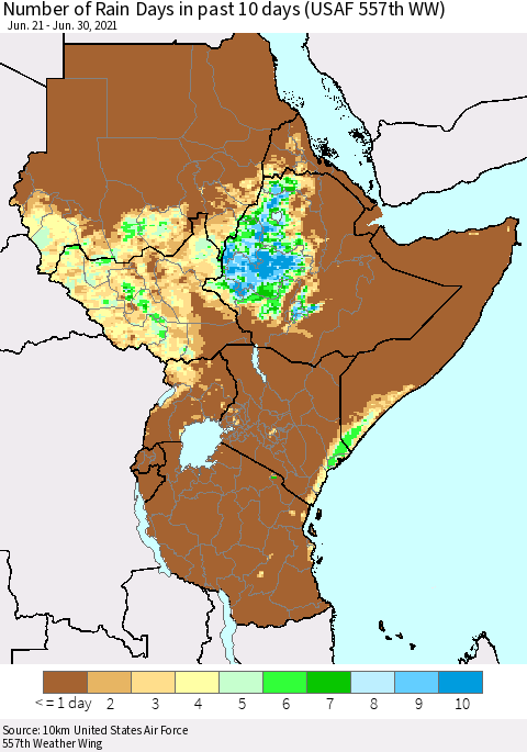 Eastern Africa Number of Rain Days in past 10 days (USAF 557th WW) Thematic Map For 6/26/2021 - 6/30/2021
