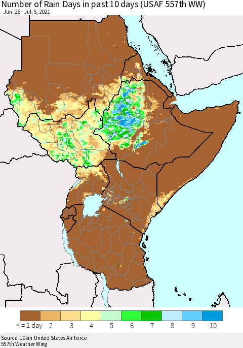 Eastern Africa Number of Rain Days in past 10 days (USAF 557th WW) Thematic Map For 7/1/2021 - 7/5/2021