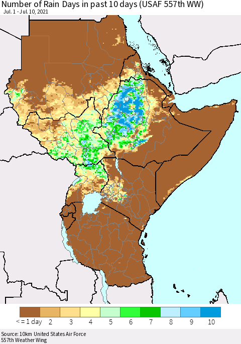 Eastern Africa Number of Rain Days in past 10 days (USAF 557th WW) Thematic Map For 7/6/2021 - 7/10/2021